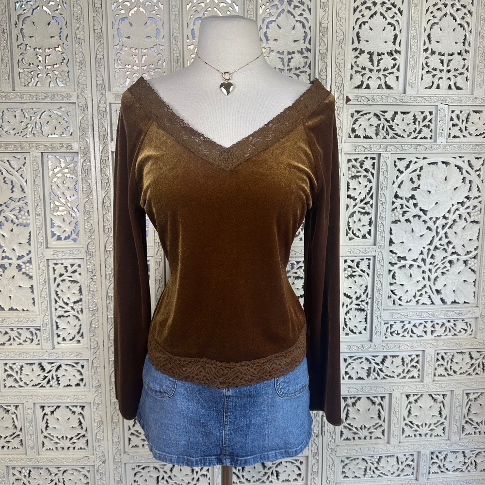 NWT Thalia Sodi Brown Crushed Velvet Lace Trim V Neck Long Sleeve Blouse Sz M
